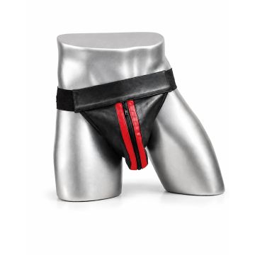 MisterMitch Leren Jockstrap met Rits - Zwart/Rood