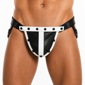 MisterMitch Leren Jockstrap met Cockring - Zwart/Wit