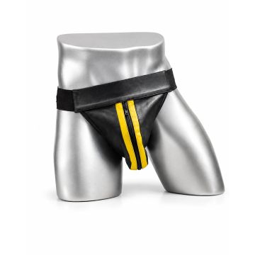 MisterMitch Leren Jockstrap met Rits - Zwart/Geel