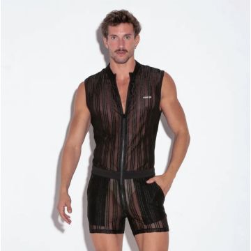 Code 22 Mesh Gestreepte Jumpsuit - Zwart